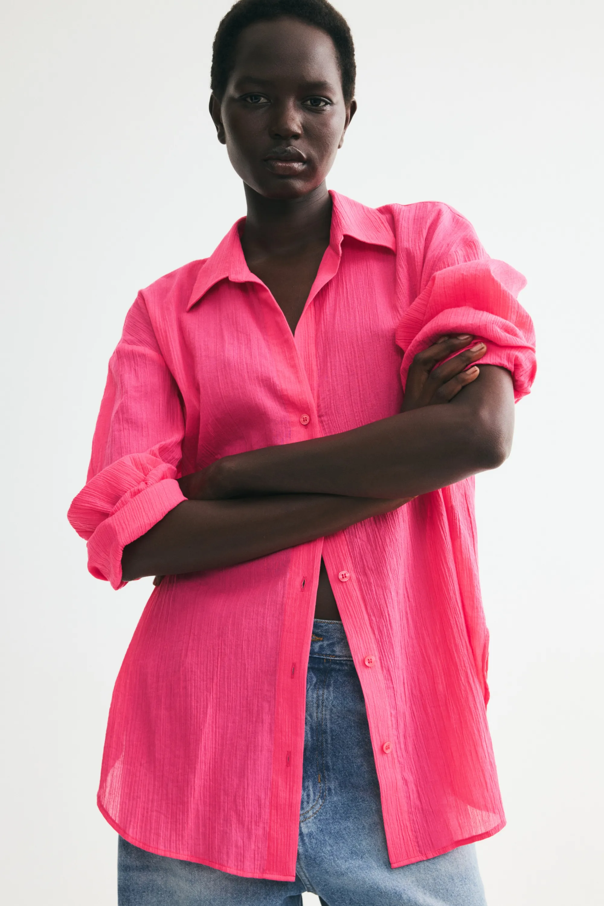 Chemise en coton froissé - Rose cerise
