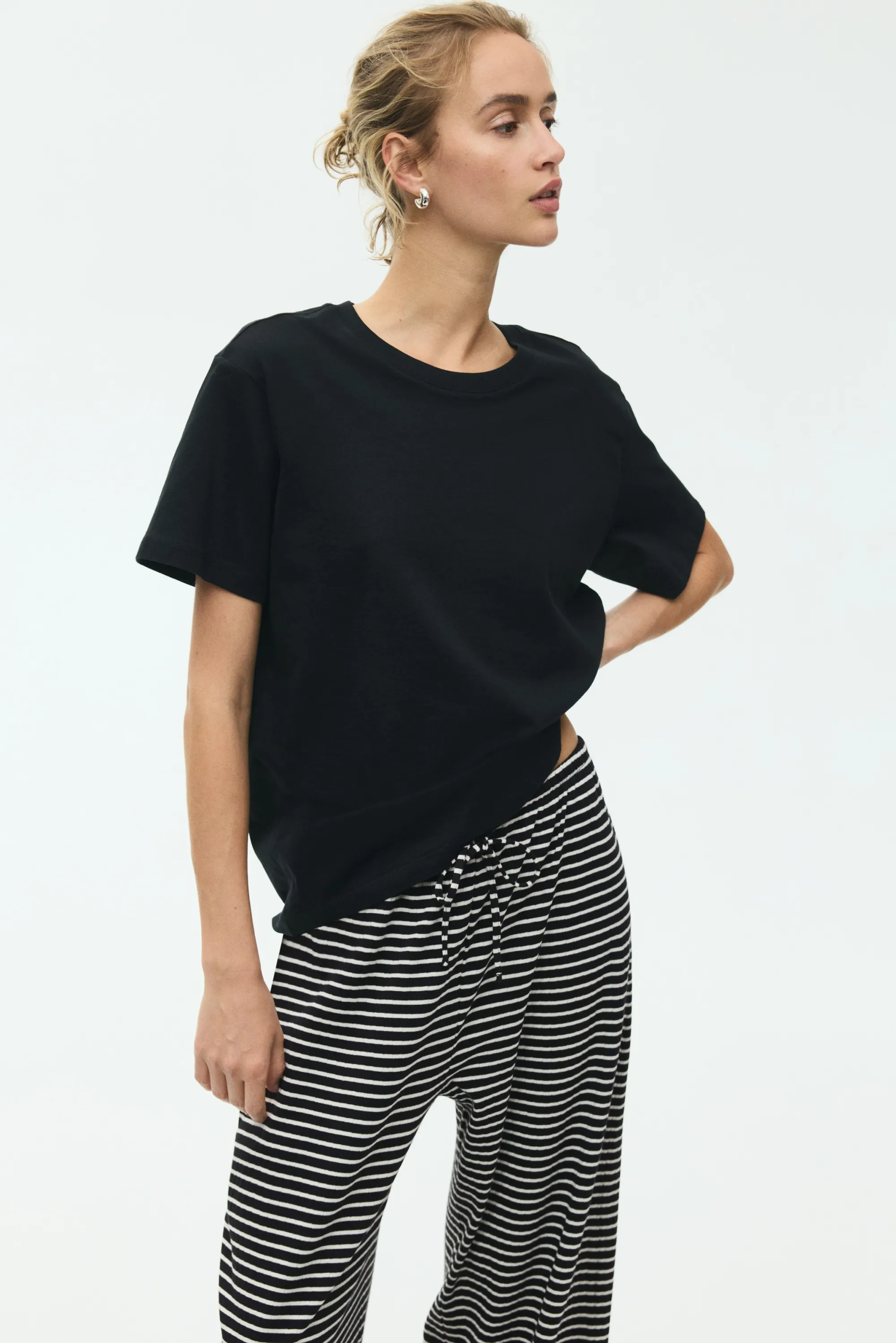 Pantalon côtelé avec cordon de serrage - Noir/rayé
