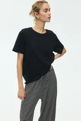 Pantalon côtelé avec cordon de serrage - Noir/rayé — photo 1