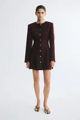 Robe à boutons en tissu bouclette - Bordeaux — photo 2