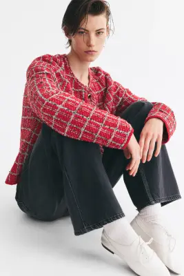Gilet frangé en maille jacquard - Rouge/motif — photo 3