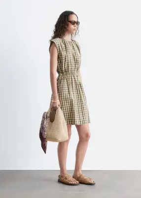 Robe sans manches cordon de serrage à la taille - Vert kaki/À carreaux — photo 3
