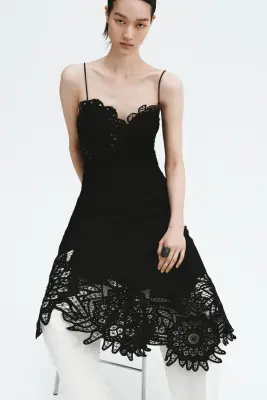 Robe en lin mélangé avec dentelle - Noir — photo 1