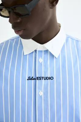 Chemise Relaxed Fit en coton avec motifs brodés - Bleu clair/rayé — photo 2