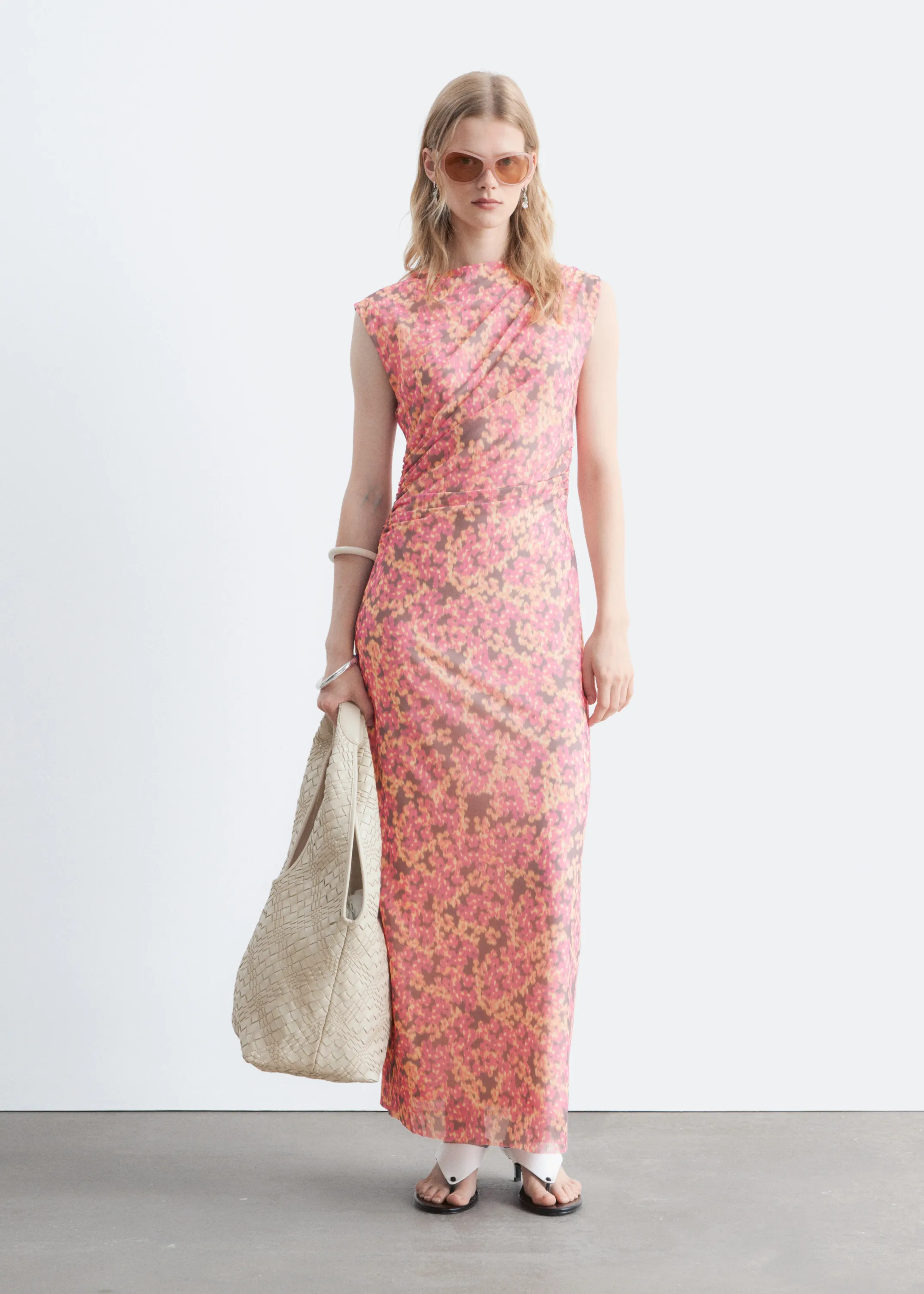 Robe drapée sans manches - Rose / Motifs fleuris