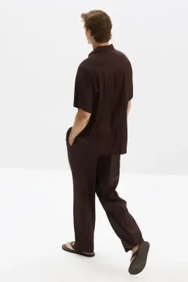 Pantalon Easy-care Loose Fit en lin mélangé - Marron foncé — photo 3