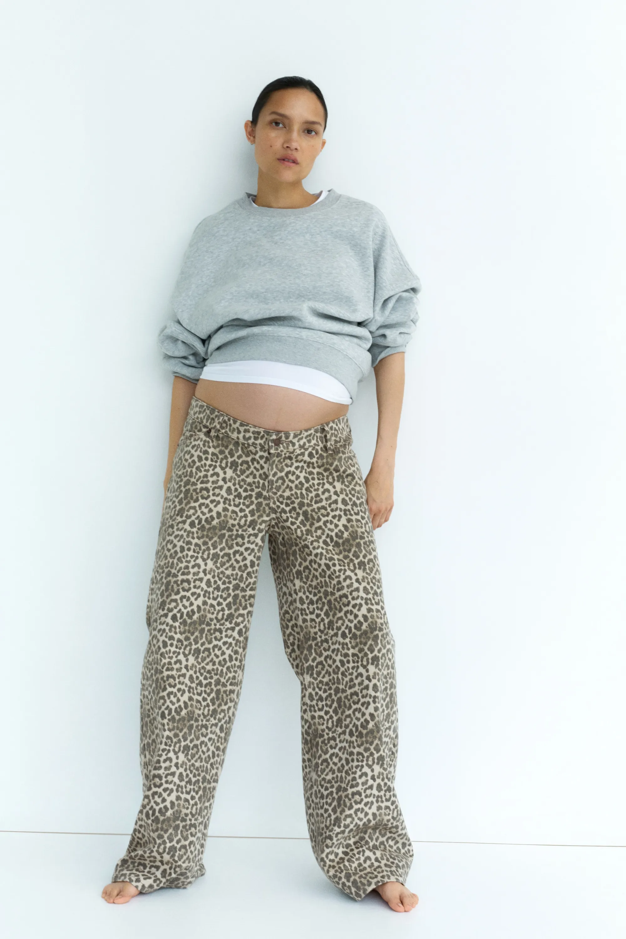 MAMA Wide Low Jeans - Beige/imprimé léopard