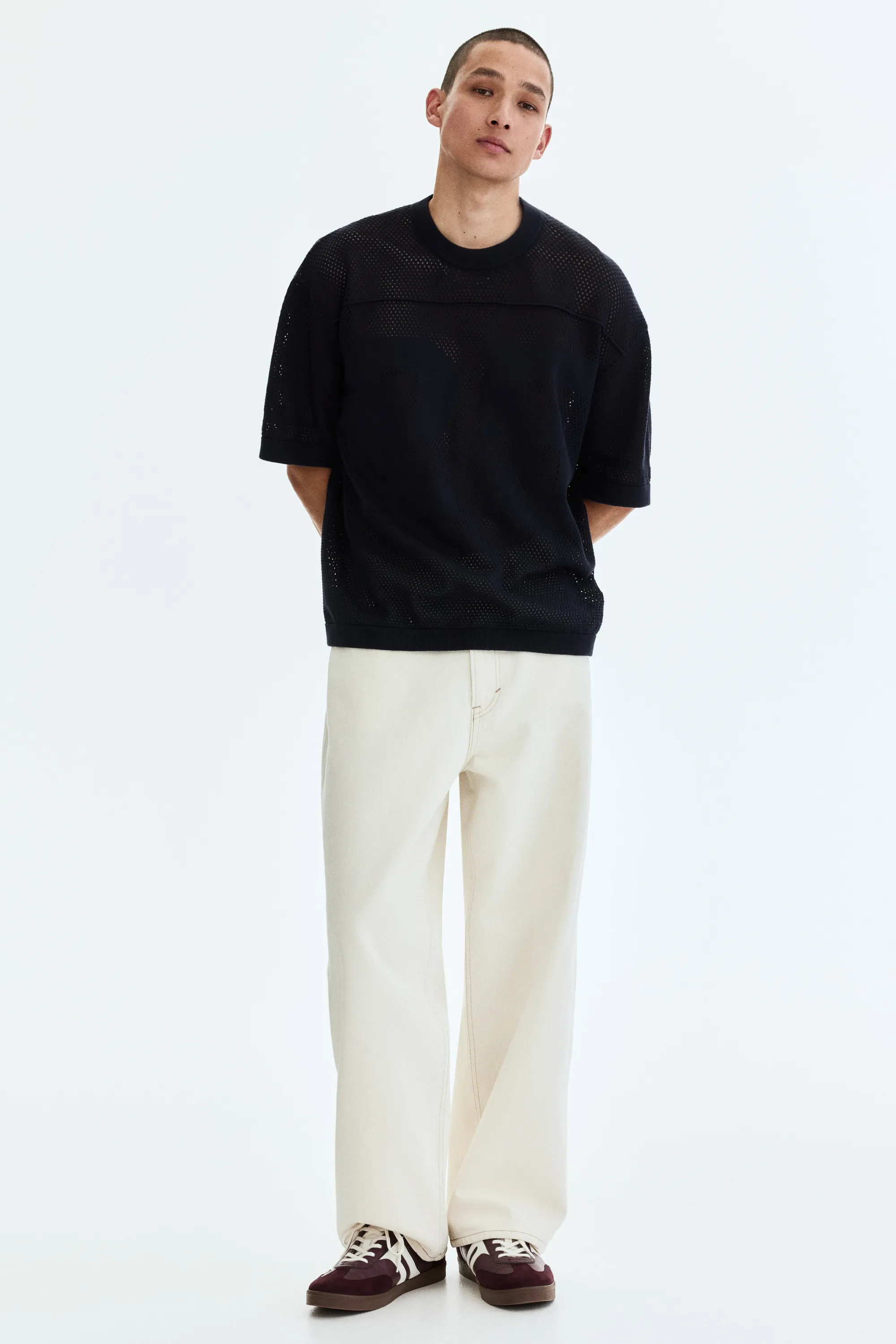 T-shirt boxy Relaxed Fit en maille ajourée - Bleu marine