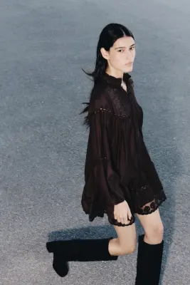 Robe tunique avec dentelle - Marron foncé — photo 1