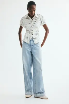 Top à boutons avec manches bouffantes - Blanc/pois — photo 1