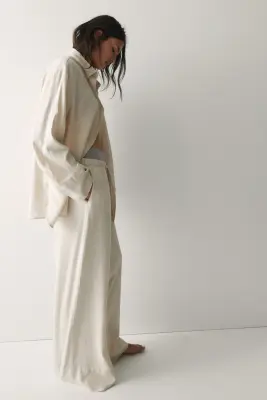 Pantalon large en lin mélangé - Beige clair — photo 2