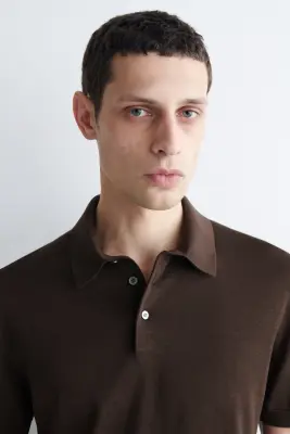 POLO SLIM EN MAILLE DE SOIE - BRUN — photo 3