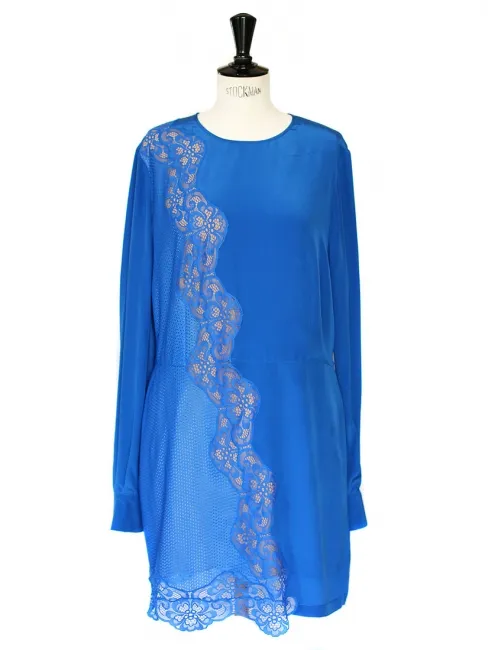 Robe JOAN en soie crêpe de chine et dentelle bleu électrique Prix boutique $2300 Taille 40