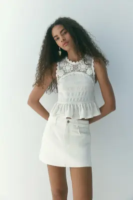 Jupe-short en denim avec taille haute - Crème — photo 2