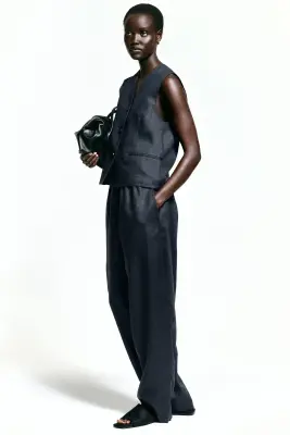 PANTALON BARREL EN LIN À TAILLE ÉLASTIQUÉE - BLEU MARINE — photo 5