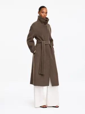 Manteau ceinturé en laine mélangée - Taupe — photo 3