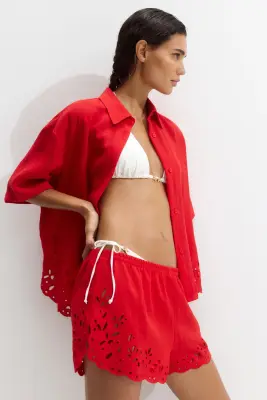 Short avec broderie anglaise - Rouge vif — photo 2