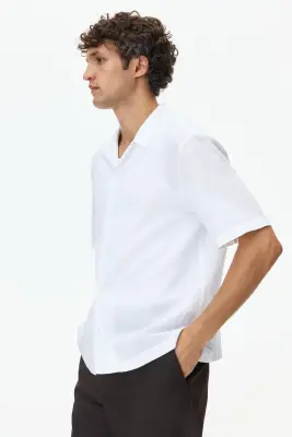 Chemise Relaxed Fit en lin mélangé avec col cubain - Blanc — photo 4