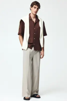 Chemise Relaxed Fit en lin mélangé avec col cubain - Marron — photo 2