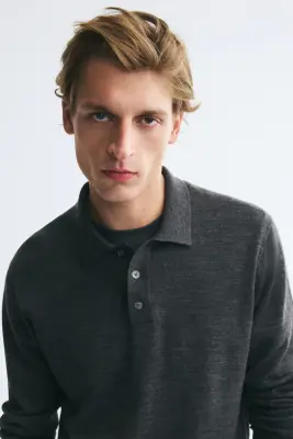 Polo Regular Fit en laine mérinos - Gris foncé chiné — photo 1