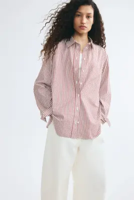 Chemise oversize en tissu ratière - Rouge foncé/rayé — photo 2