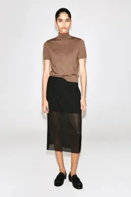 TOP À COL MONTANT EN LAINE MÉRINOS - BEIGE CHINÉ / ROUGE — photo 1