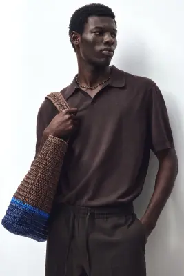 Polo Regular Fit en soie mélangée - Marron foncé — photo 1