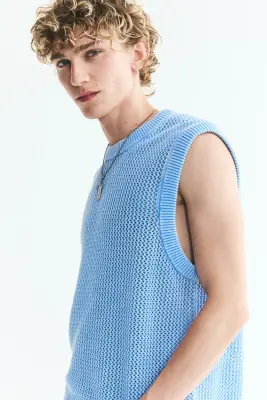 Pull sans manches Regular Fit en maille ajourée - Bleu clair — photo 3