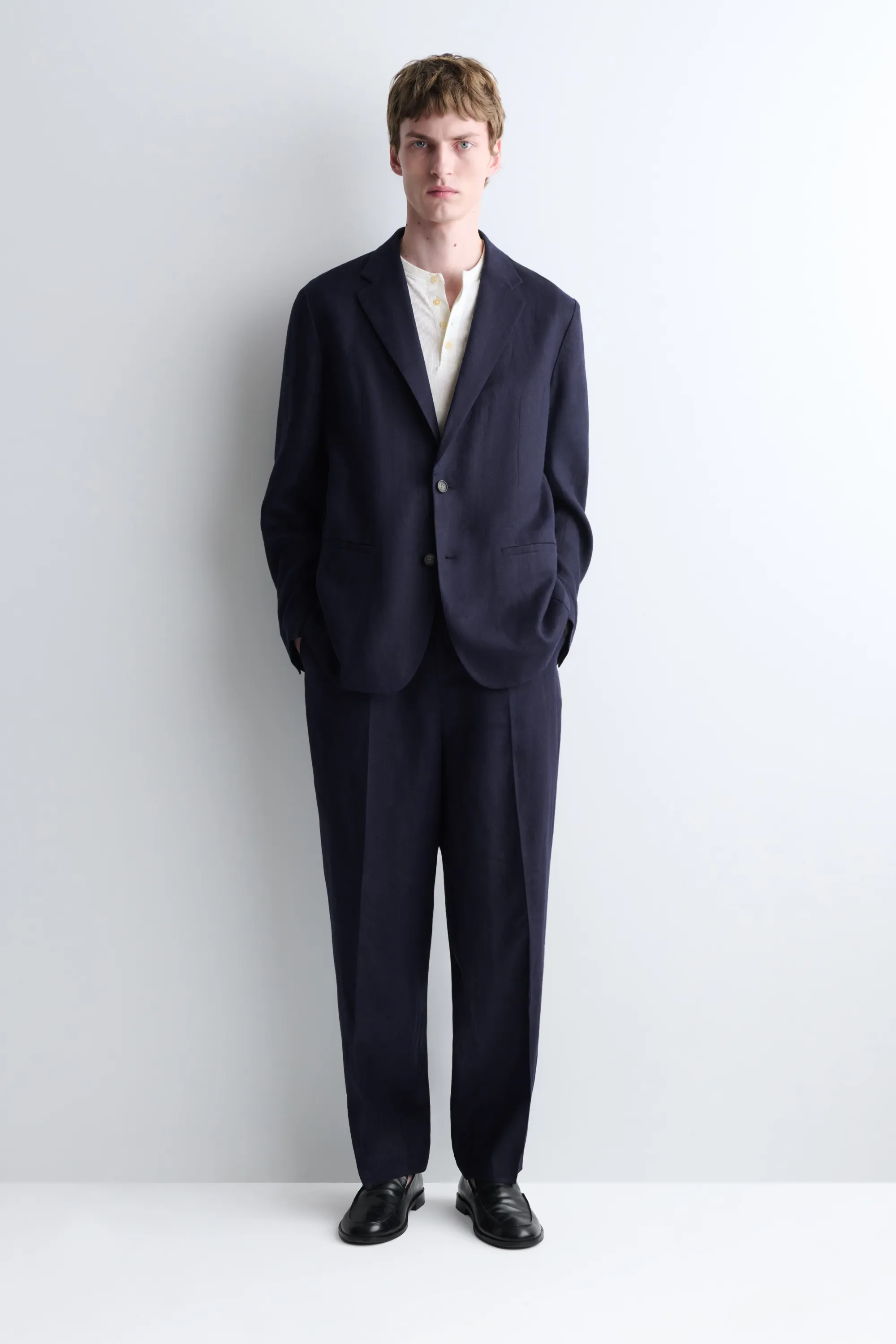 BLAZER BOUTONNAGE SIMPLE EN LIN - BLEU MARINE