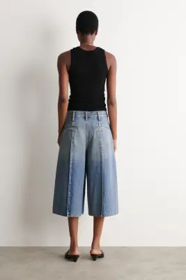 JUPE-CULOTTE EN DENIM À PLIS NERVURÉS - BLEU — photo 2