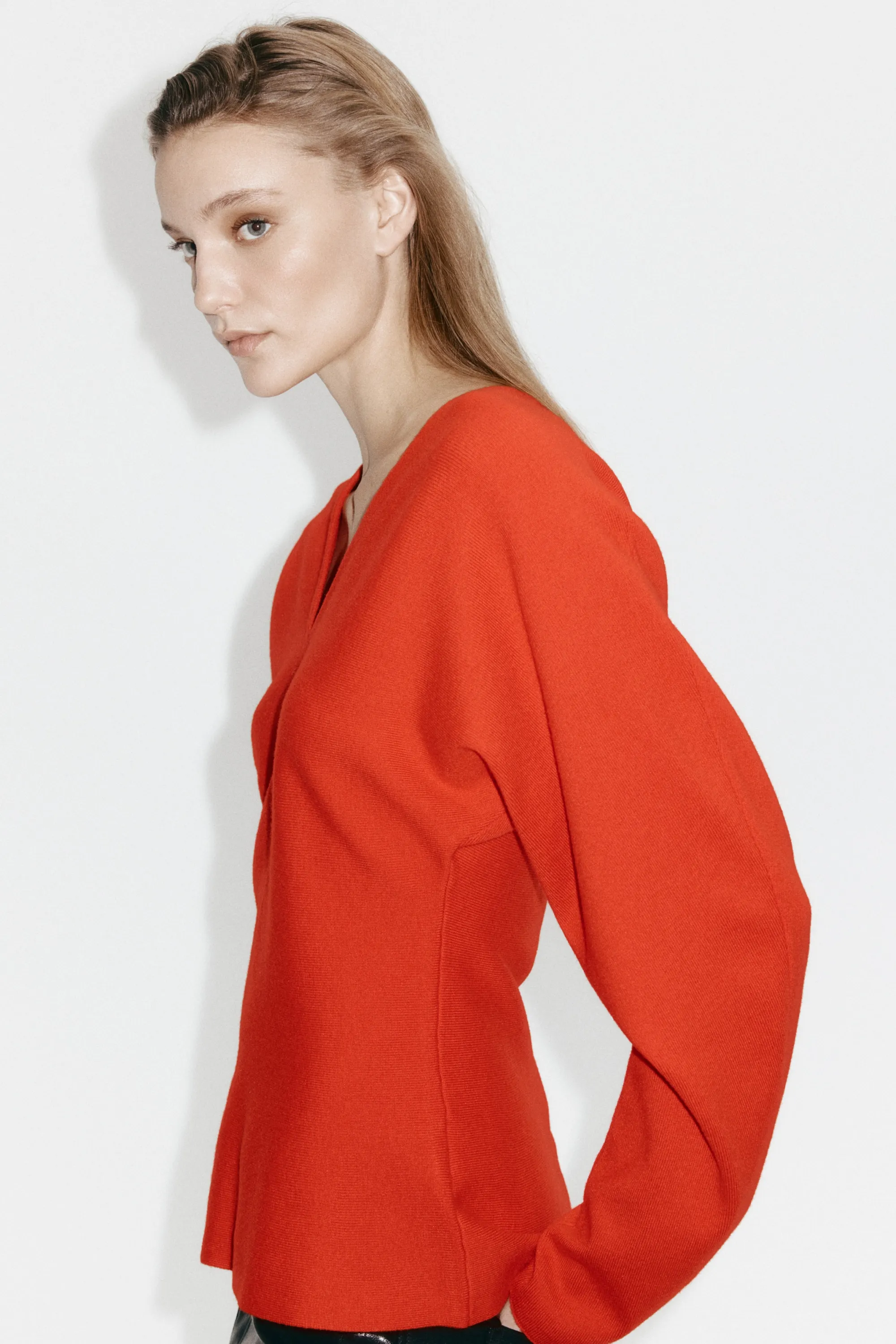 Top à encolure en V en maille - Rouge vif