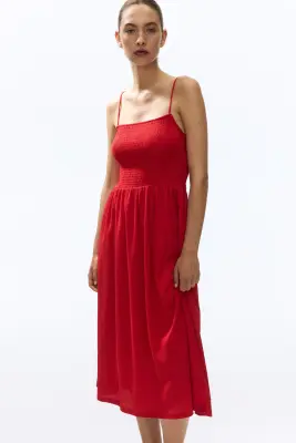 Robe smockée à bretelles fines - Rouge — photo 2