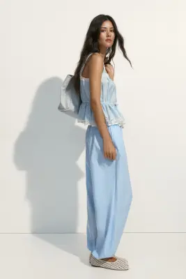 Pantalon en coton avec jambes ballon - Bleu clair/rayures tennis — photo 2