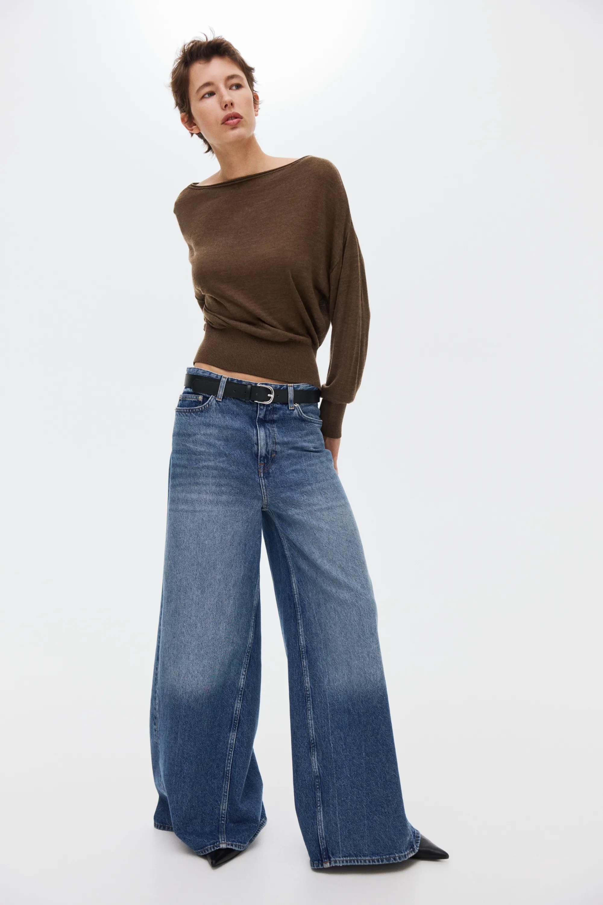 Top asymétrique en maille fine - Marron