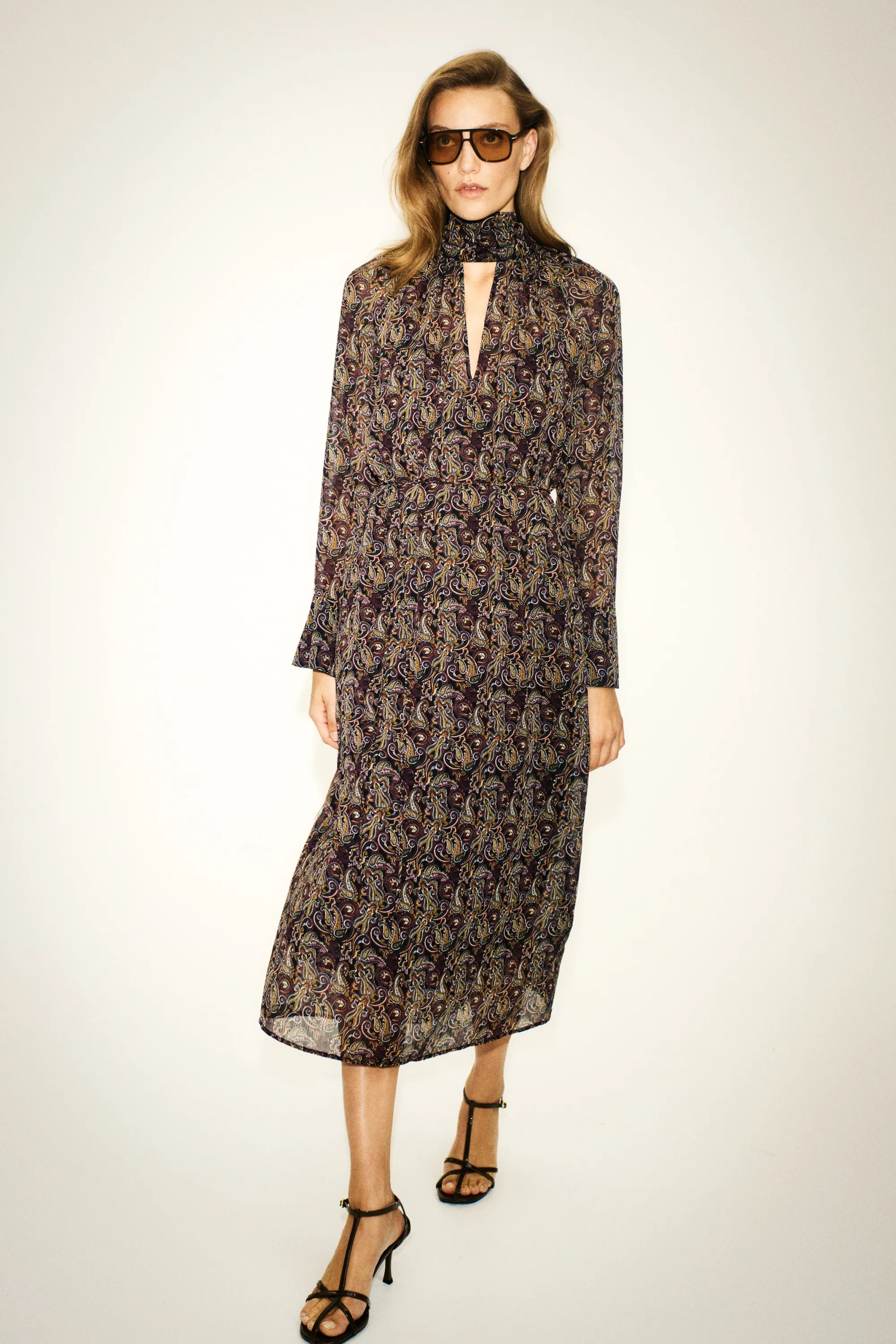 Robe avec col écharpe - Noir/motif cachemire