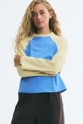 Top en coton avec manches raglan - Bleu clair/jaune — photo 1