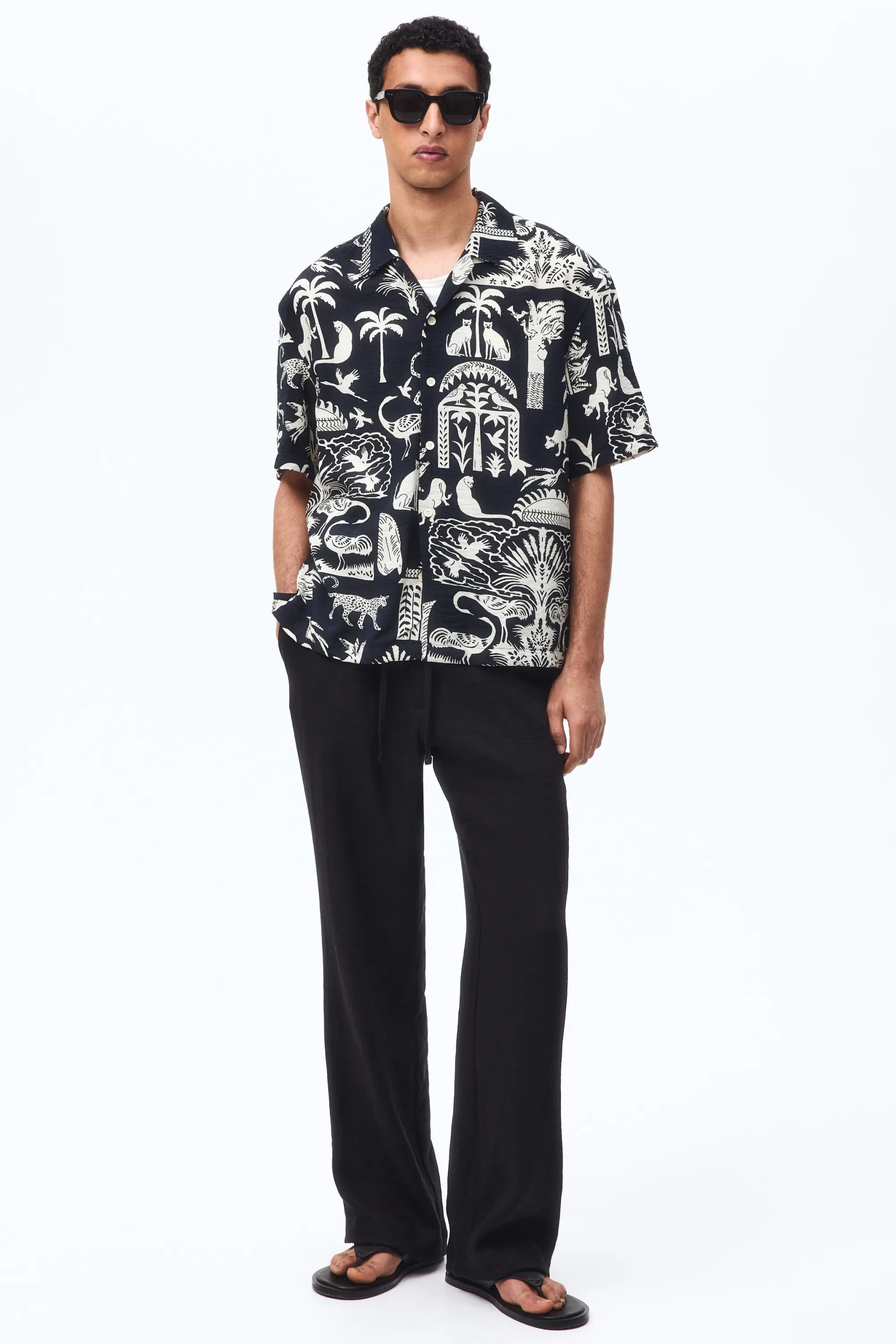 Chemise imprimée Relaxed Fit avec col cubain - Noir