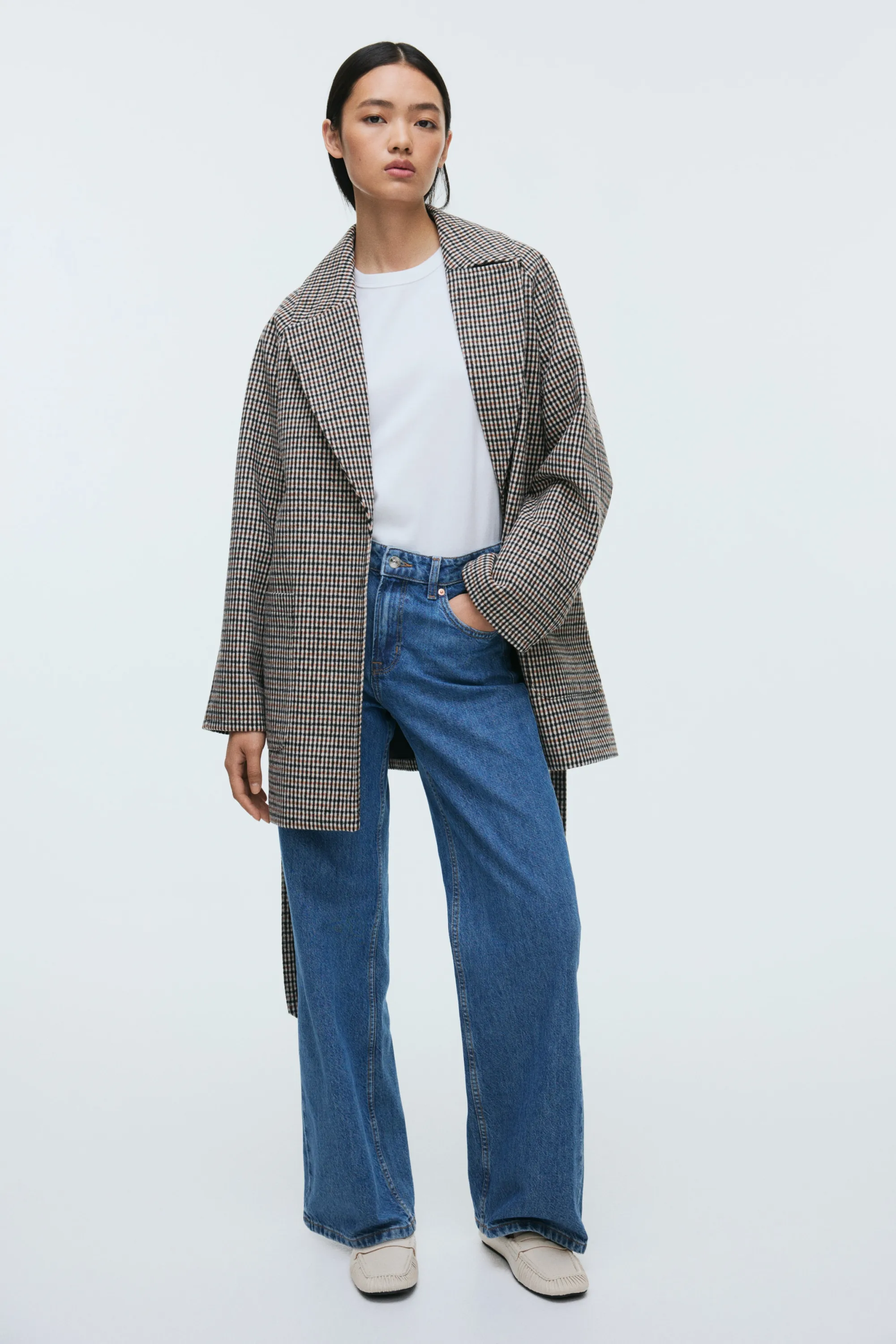 Manteau avec ceinture à nouer - Beige clair/carreaux