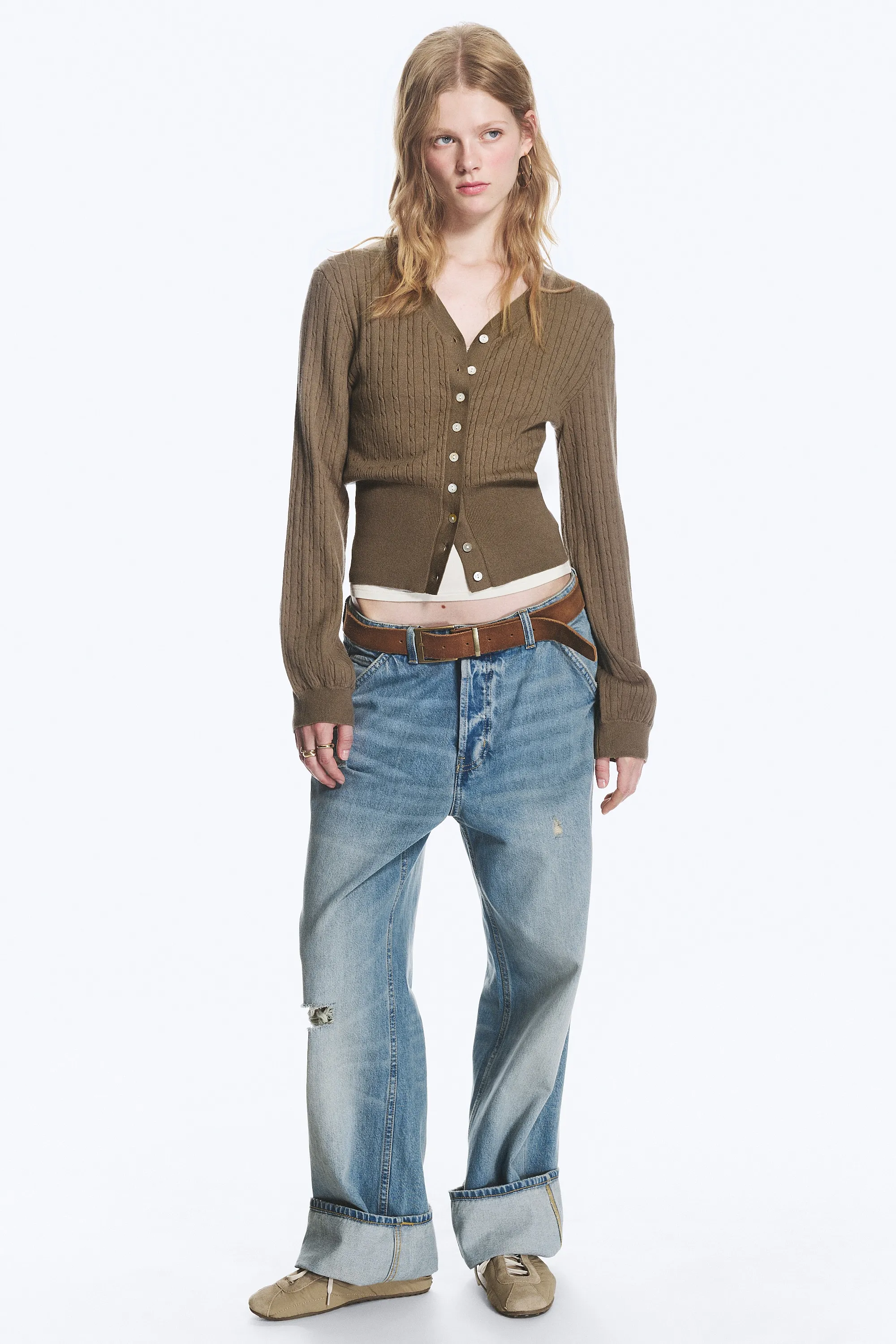 Cardigan En Maille À Col V - Taupe