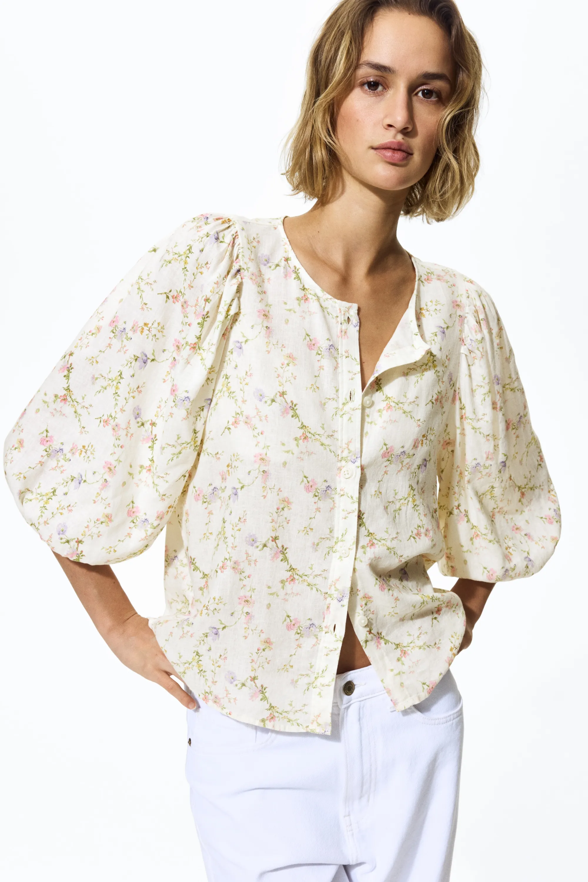 Blouse en lin mélangé - Blanc/fleuri