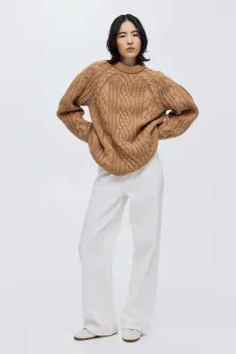 Pull en maille torsadée de laine mélangée - Beige — photo 1