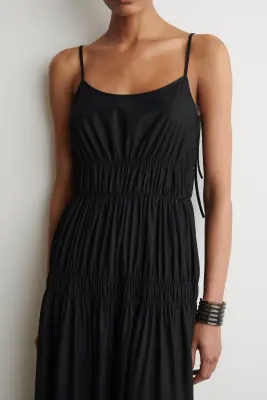 ROBE MIDI EN JERSEY À FINITION FRONCÉE - NOIR — photo 1