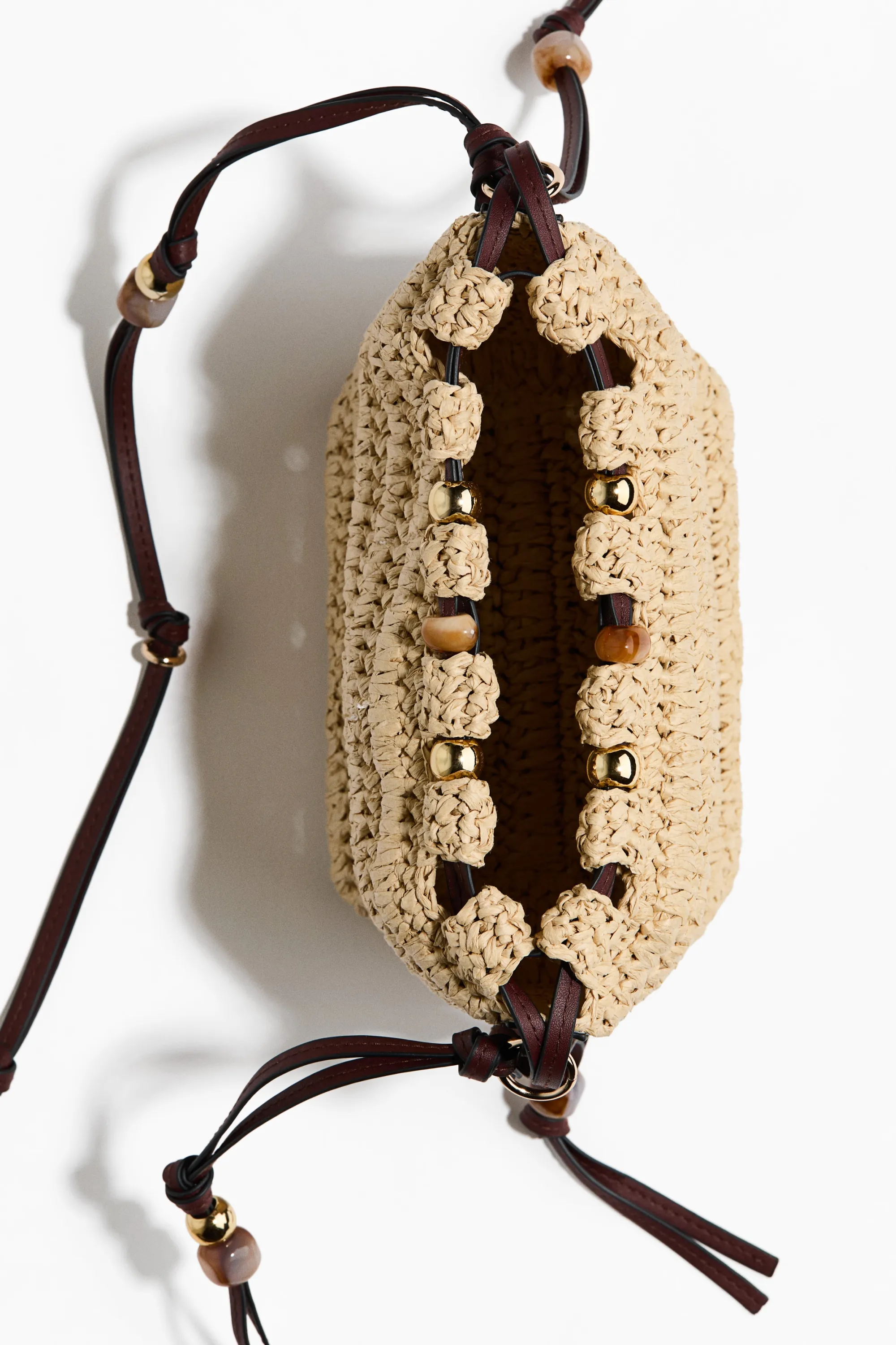 Sac crossbody en paille avec perles fantaisie - Beige/marron foncé