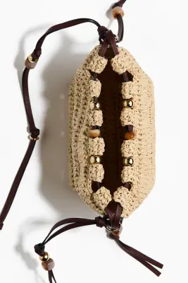 Sac crossbody en paille avec perles fantaisie - Beige/marron foncé — photo 1