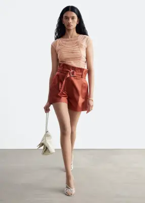 Short à taille haute froncée - Rouille — photo 2