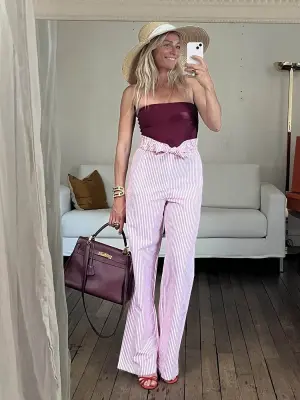 Pantalon taille haute ceinturé en coton rayé blanc et rouge Prix boutique 950€ Taille XS — photo 2