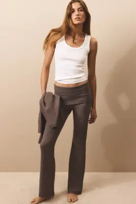 Pantalon en maille avec ceinture repliée - Taupe — photo 1