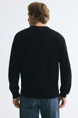 Pull Regular Fit en maille de coton côtelée - Noir — photo 4