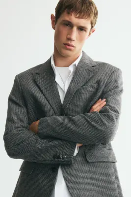 Veste Relaxed Fit en laine mélangée - Gris foncé/motif pied-de-poule — photo 1