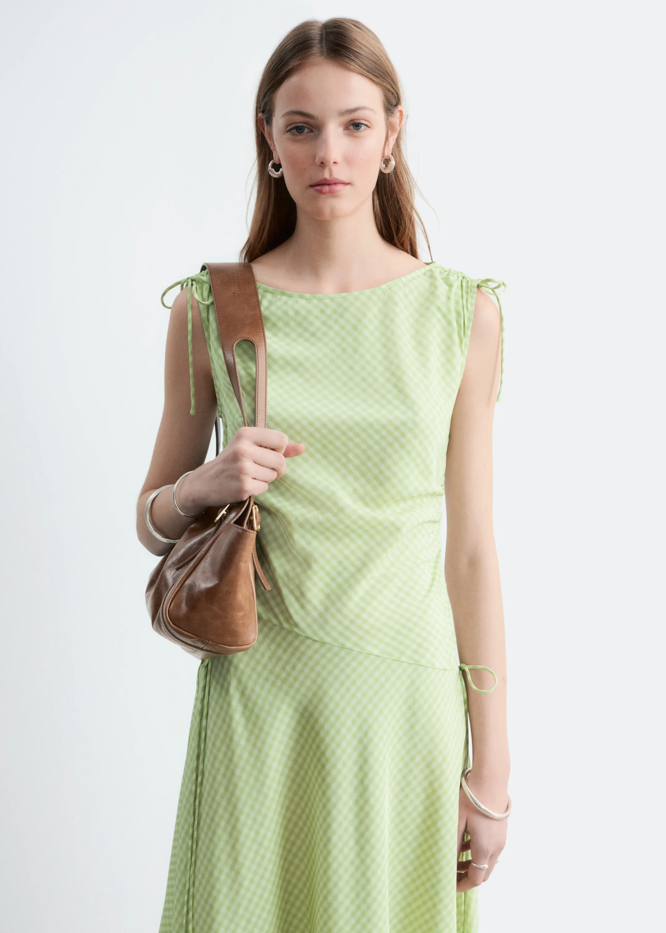 Robe midi drapée et asymétrique - Vert clair/Motif vichy